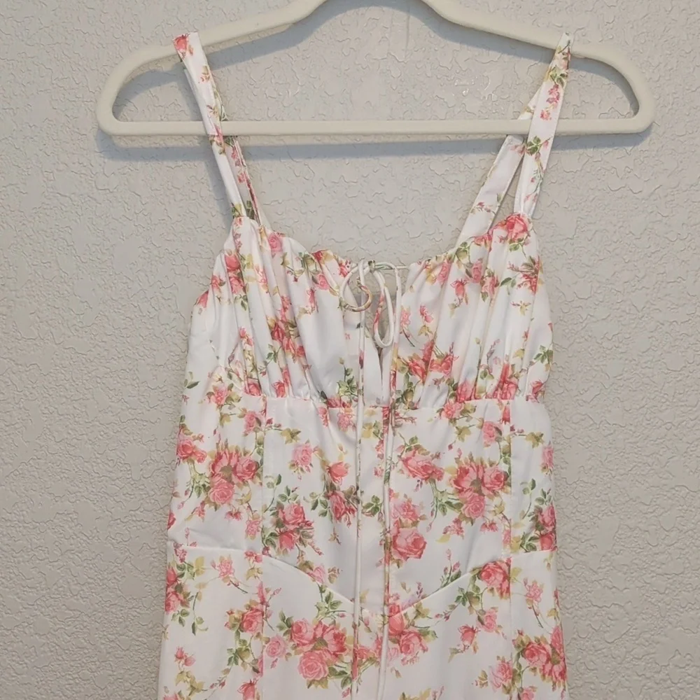 Parthea white pink floral sleeveless basque waist lace up thigh slit maxi dress - Picture 10 of 14